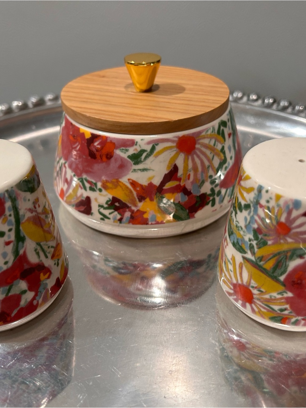 Opal  House Floral Ceramic Salt & Pepper Shaker Set with Lidded Jar - Multicolor